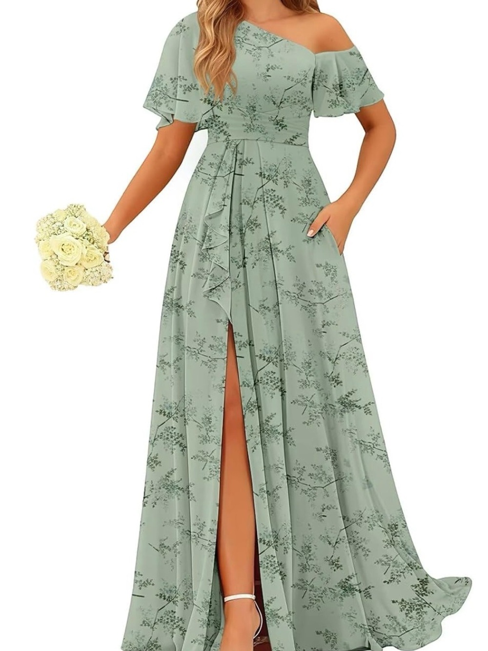 Amazon One-Shoulder Sage Green Floral Ruffle Maxi Dress